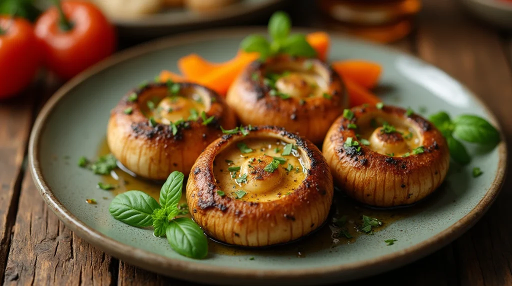 A golden, crispy plate of Baked Lion's Mane with Herbs and Garlic, garnished with fresh parsley.