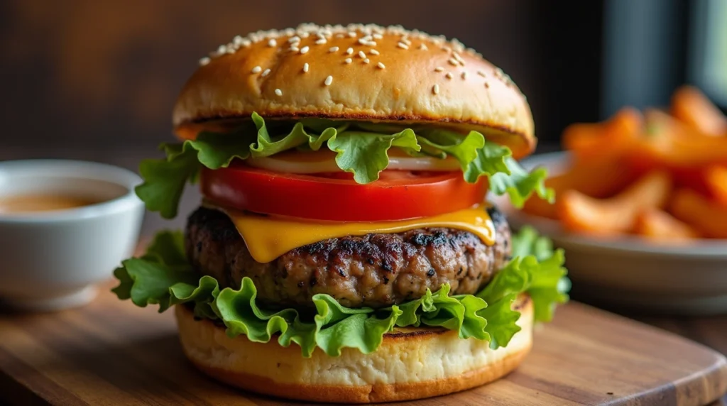 A juicy Grilled Lion's Mane Mushroom Burger topped with lettuce, tomato, and vegan aioli, served with a side of crispy fries.