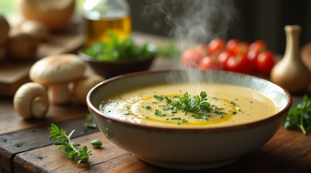 A warm bowl of Immune-Boosting Lion's Mane Soup with fresh herbs and a sprinkle of black pepper.