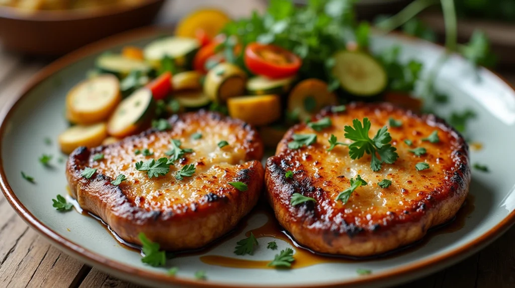 Close-up of a gourmet dish featuring Lion's Mane Mushroom sautéed with garlic and herbs on a rustic wooden plate