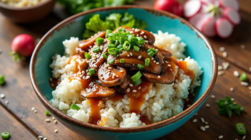 A vibrant Lion's Mane Rice Bowl topped with sautéed mushrooms, fresh veggies, and a drizzle of Asian-inspired sauce.