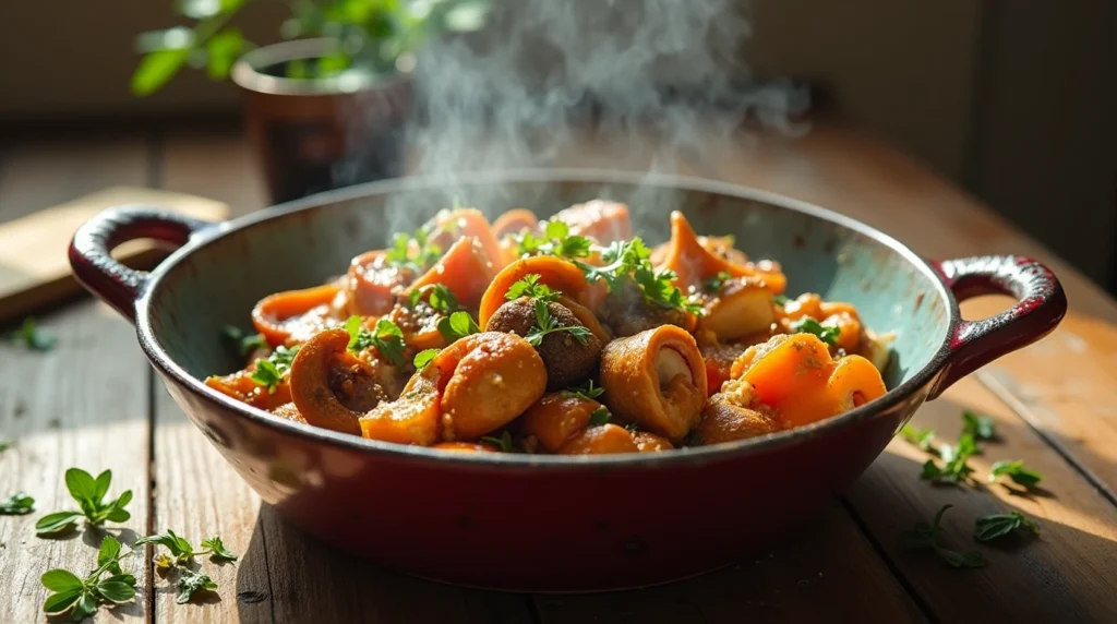 A colorful Lion's Mane Stir-Fry with seasonal vegetables like bell peppers, carrots, and snow peas in a savory sauce.