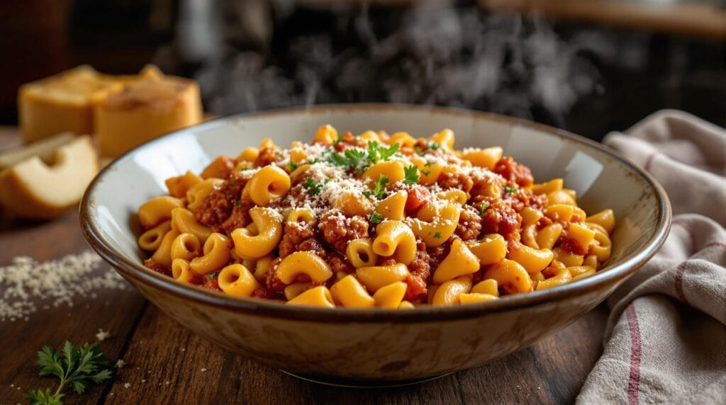 Beefaroni recipe: hearty pasta dish with ground beef, tomato sauce, and melted cheese, perfect for a comforting family meal.